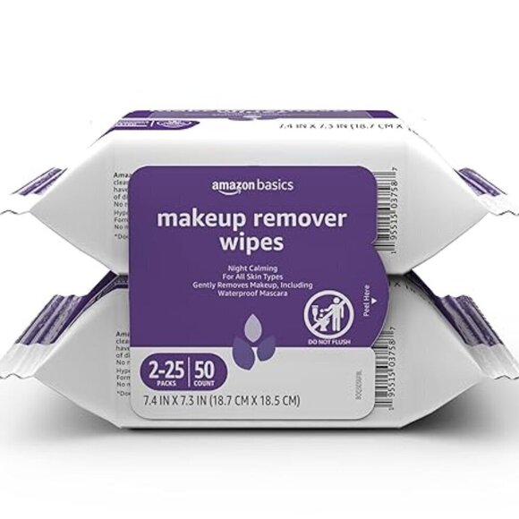 Amazon Basics Make Up Remover Wipes, Night Calming, 50 Count (2 Packs of 25) NEW - Picture 1 of 1